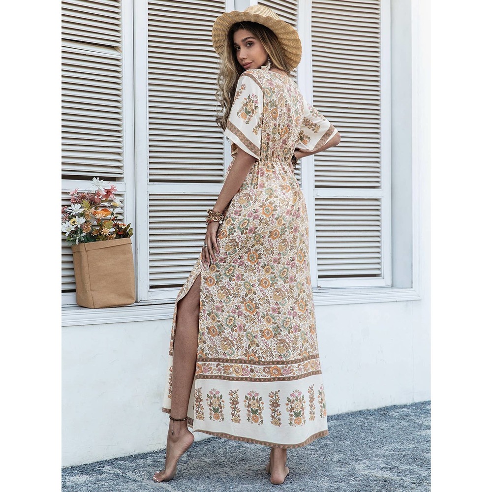 ❗️ Floral Print Trumpet Sleeve Split Thigh Tassel Waist maxi Dress boho pink - Picture 4 of 6